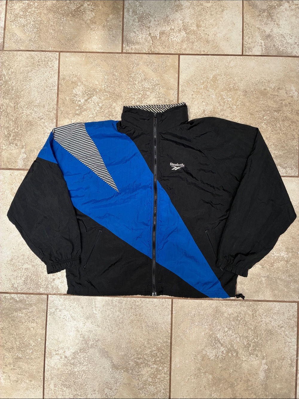 Reebok Black and Royal Blue Diagonal Panel Windbreaker
